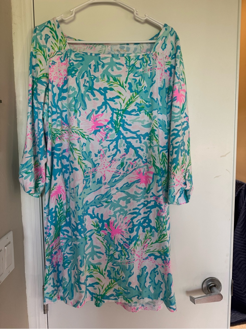 Lilly Pulitzer Aqua Coral-Print Three-Quarter Sleeve Shift Dress